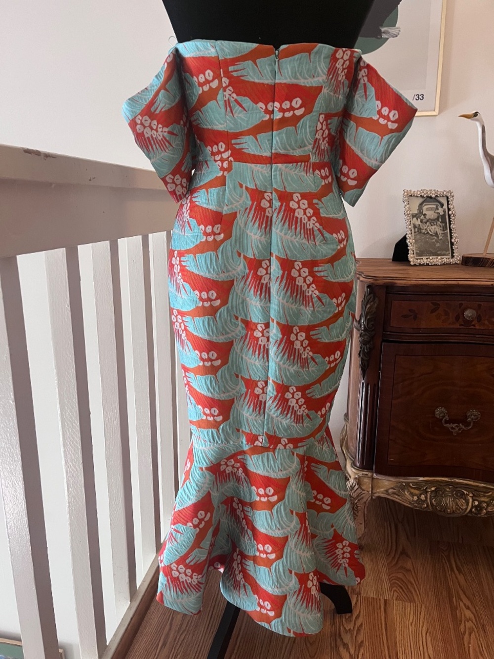 ASOS Tropical Leaf Jacquard Off Shoulder Mermaid Midi Dress Coral Turqoise Sz 4 - Picture 7 of 16